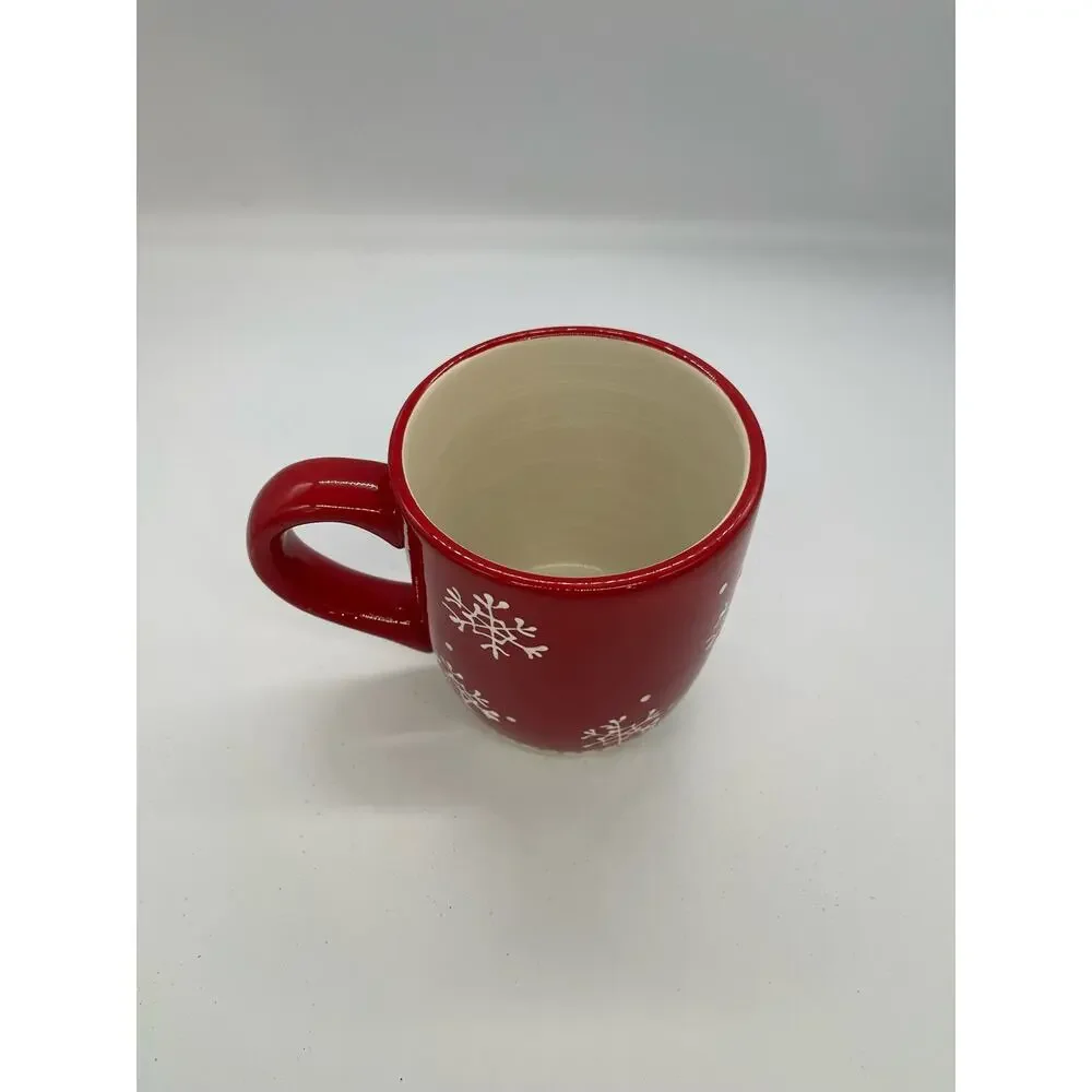 Pier 1 Decorations Christmas Tree & Snowflakes Red Coffee Mug 4.5”